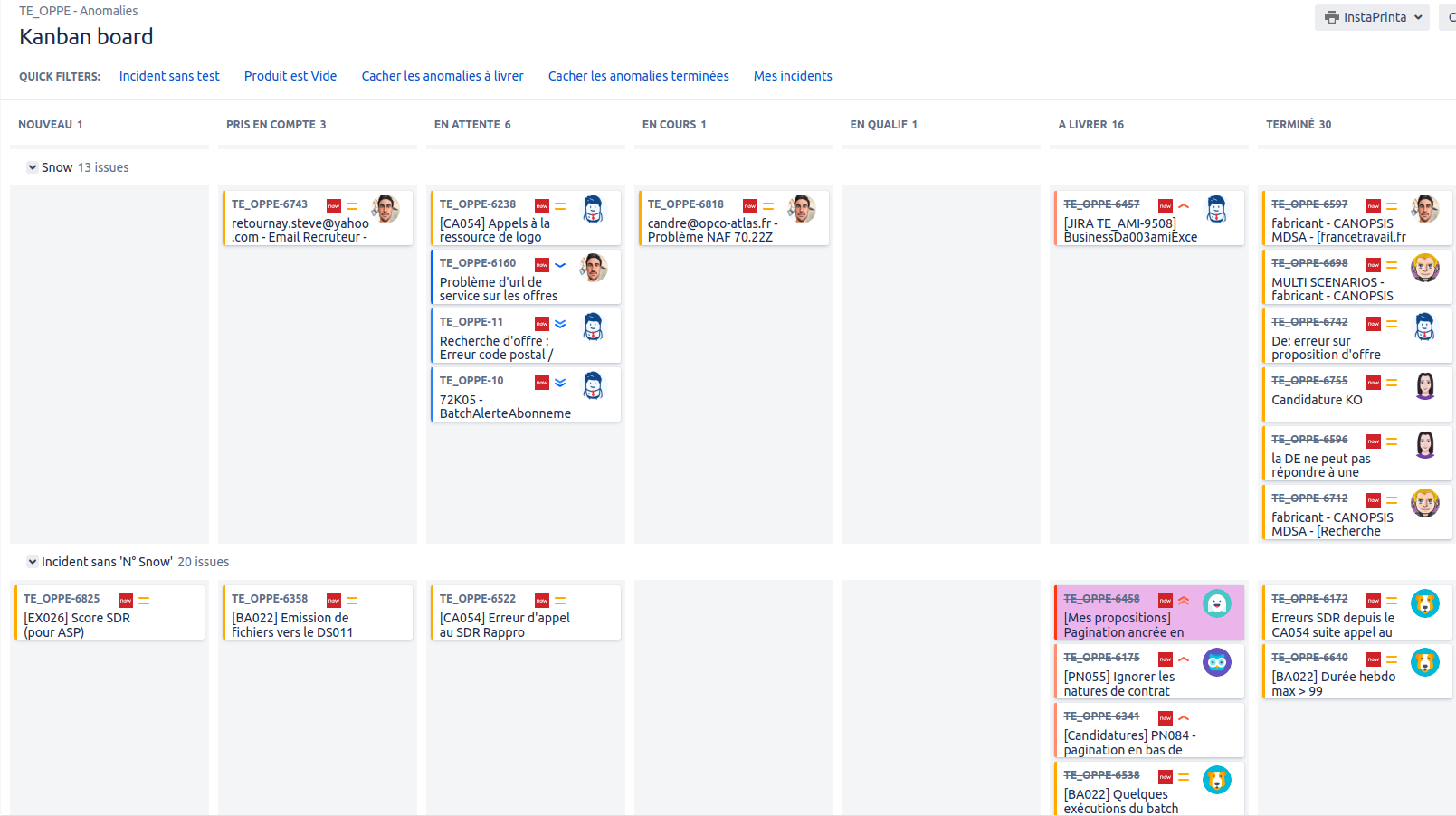 Tableau de gestion des anomalies
